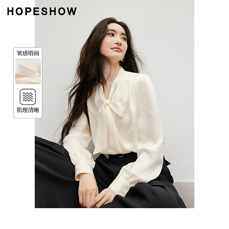 红袖春季2025新款 泡泡袖正肩蝴蝶结飘带V领套头上衣90125012001