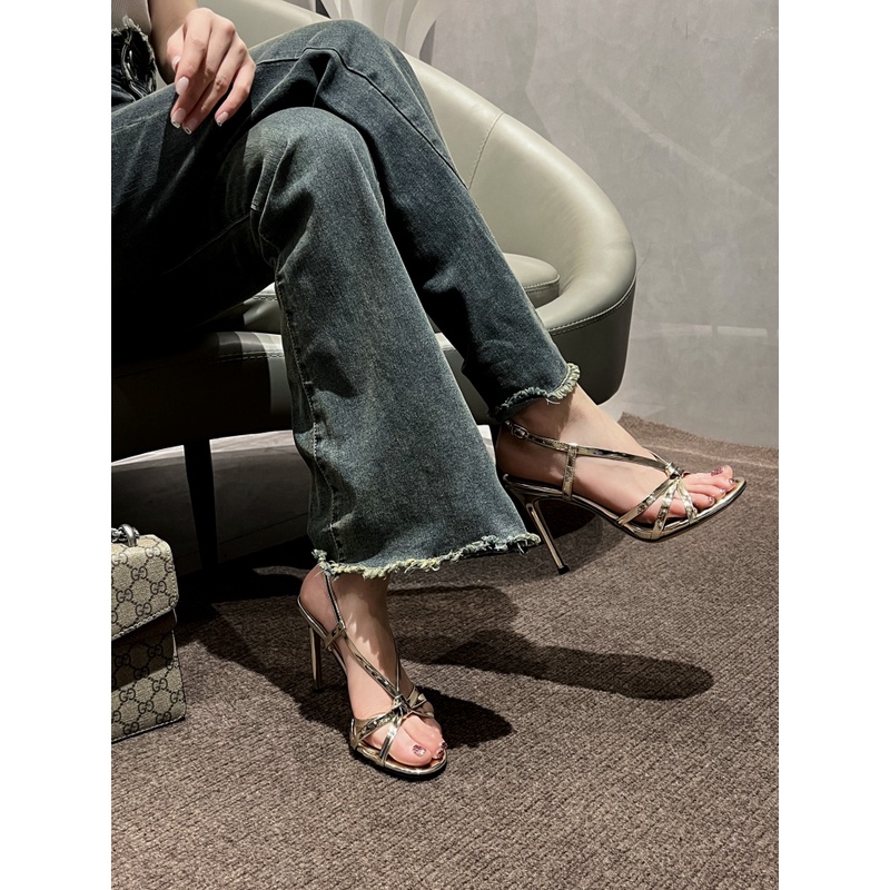 【HMYu】高跟鞋夏季细跟性感露趾金色一字带仙女风凉鞋新款