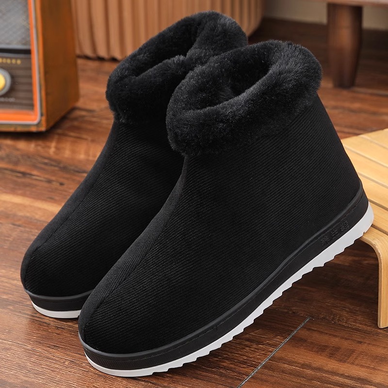 冬季加绒手工棉鞋男款毛绒居家室内滑中老年高帮保暖棉拖鞋