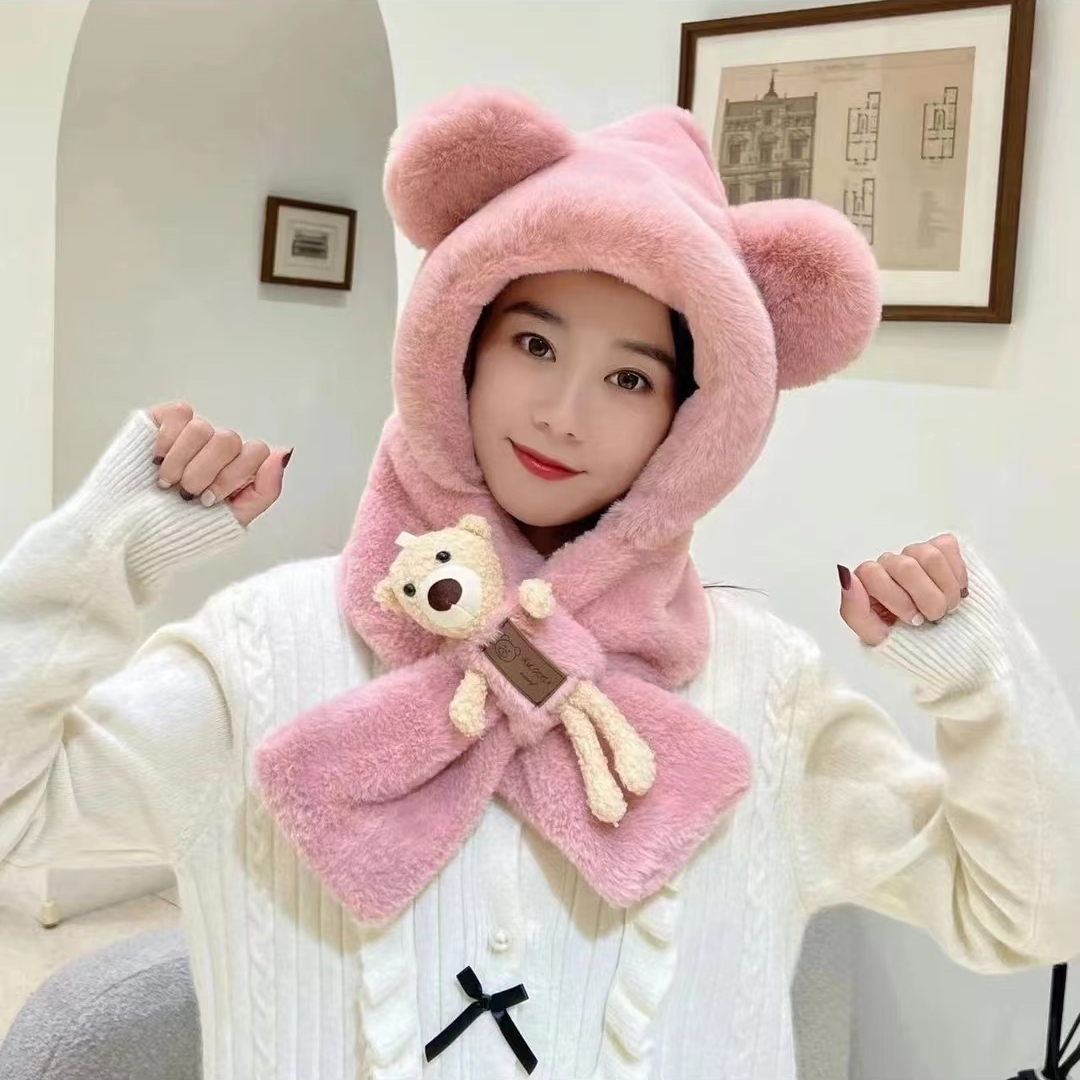 帽子女秋冬保暖小熊帽子女防风护耳毛绒绒韩版百搭时尚围脖连帽加