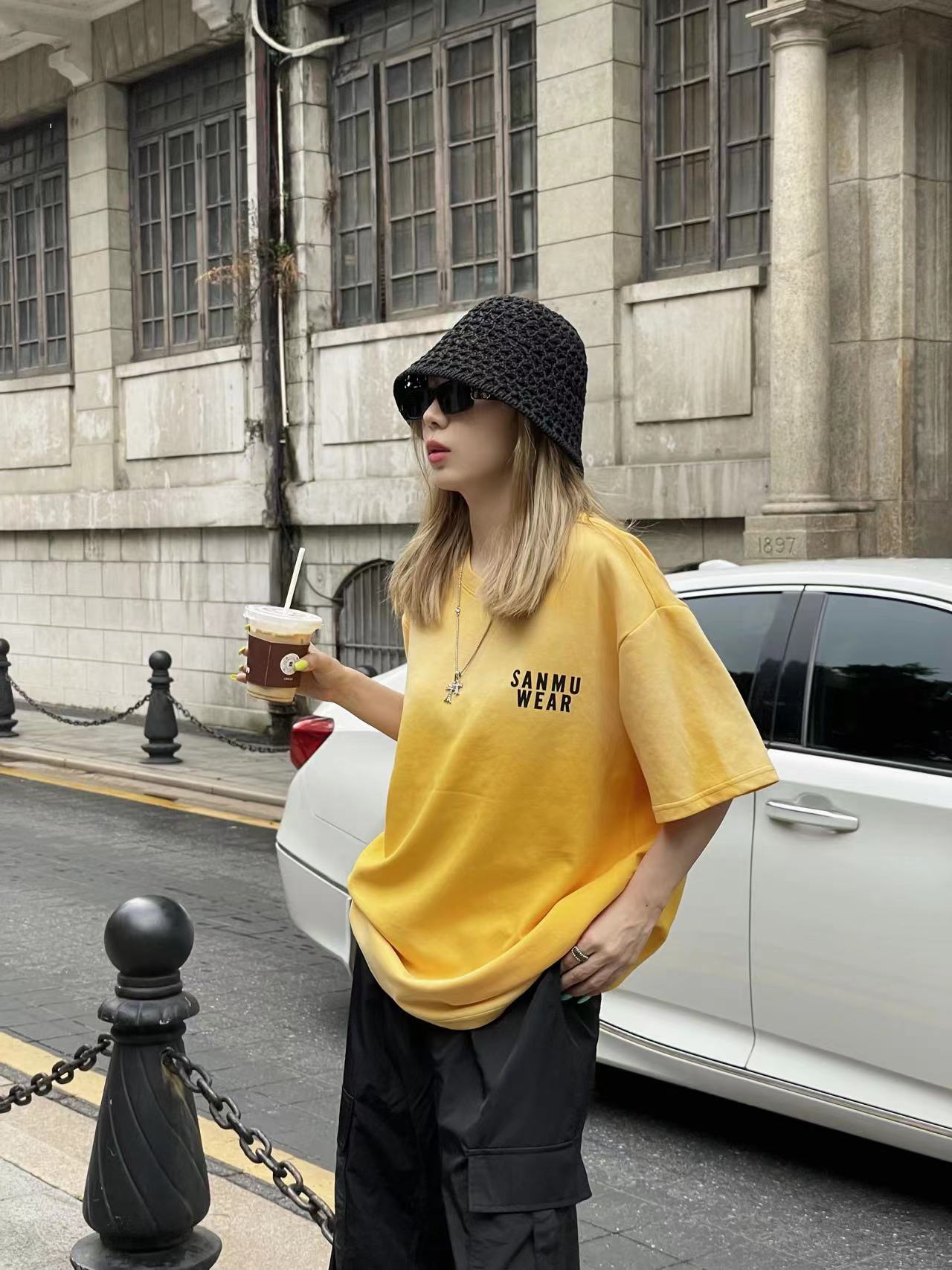 【橙c美式】美式复古渐变扎染情侣宽松圆领百搭ins上衣       