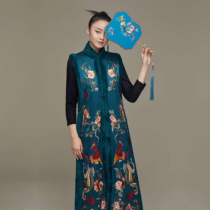 吉祥斋女装鸾凤呈祥长款长衫桑蚕丝国风双层礼服正品