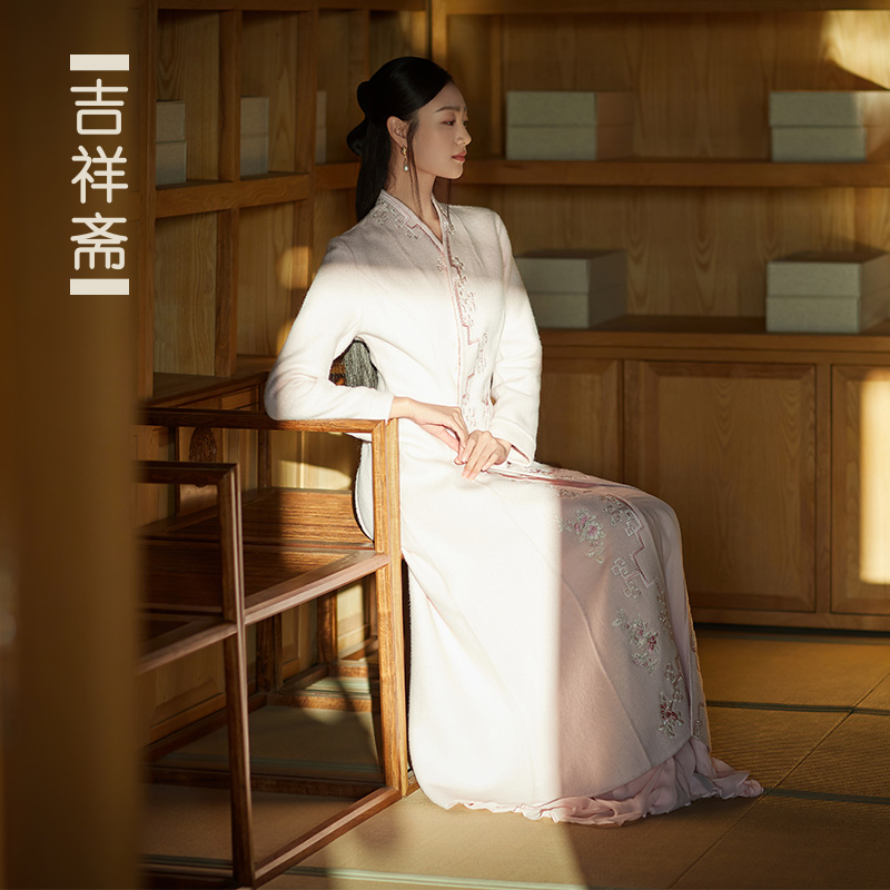 吉祥斋女装粉黛佳人收身大衣秋冬款羊毛气质修身外套国风礼服正品