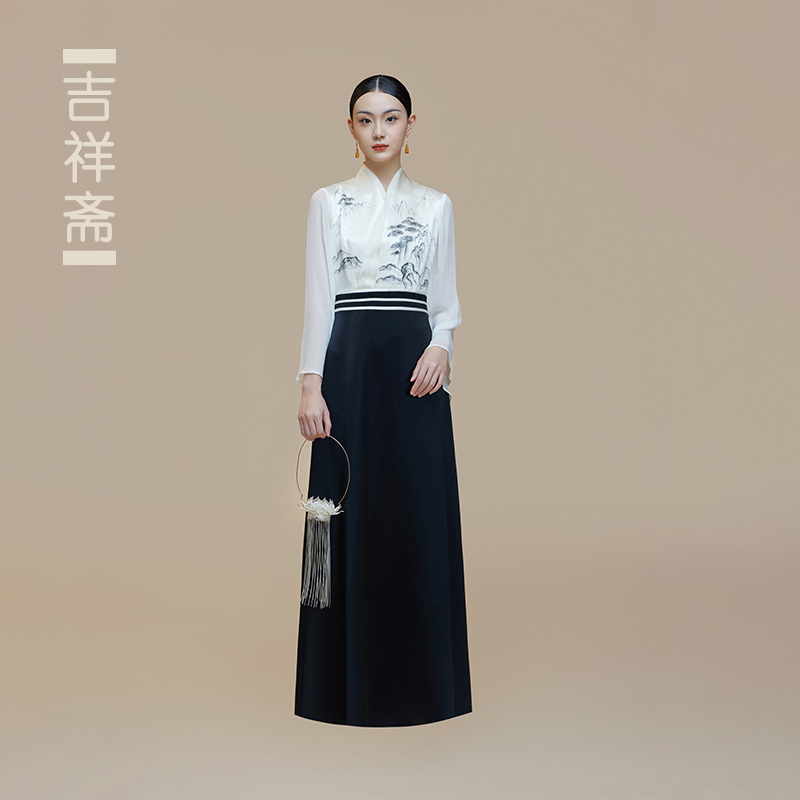 吉祥斋女装春季拼接女士长袖复古单件玉青连衣裙