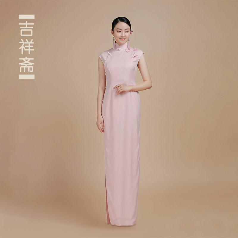 吉祥斋女装浮生粉黛长旗袍立体绣修身长款中国风礼服改良版旗袍
