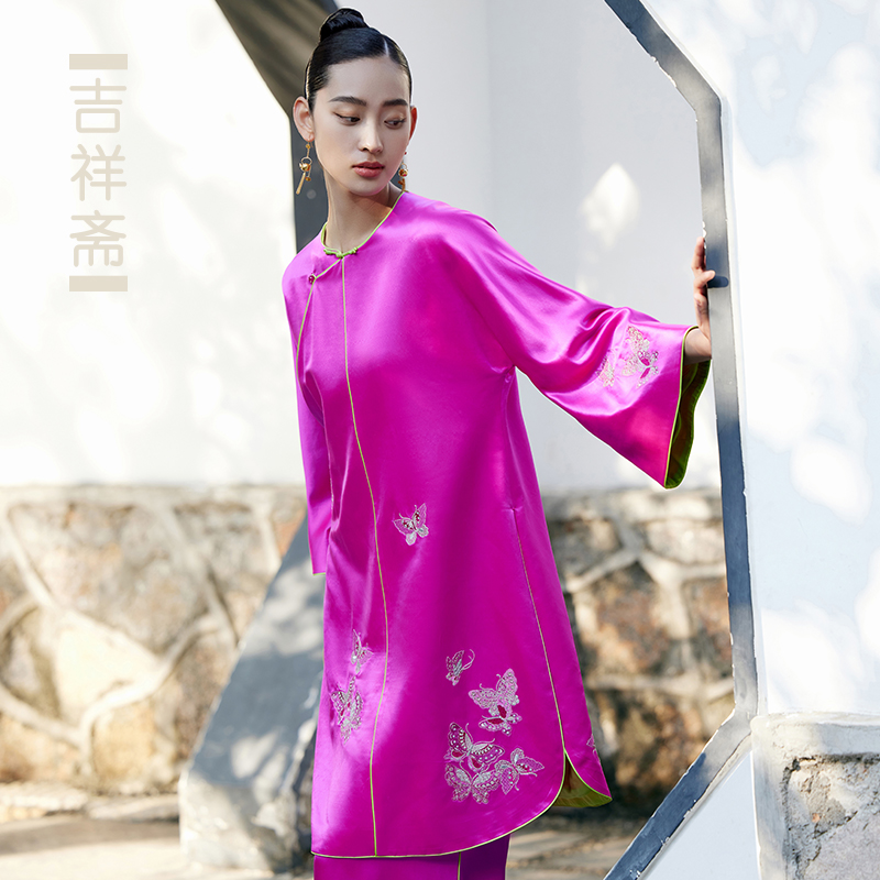 吉祥斋女士女装金粉蝶舞单件国风中长款桑蚕丝春夏薄款上衣长裤