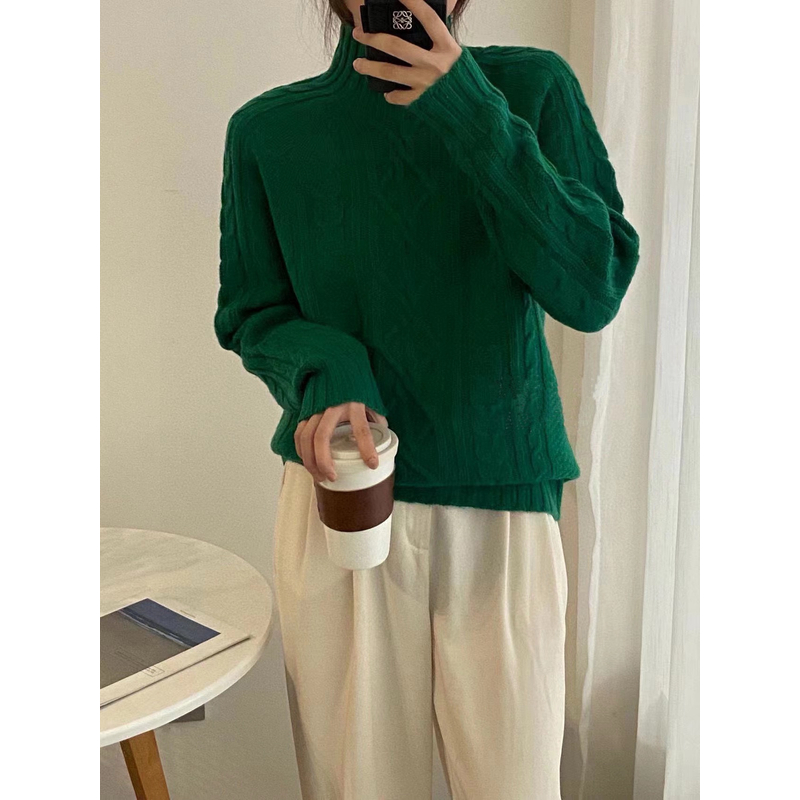 HM021 100%羊毛加厚复古绞花半高领新款纯色女式