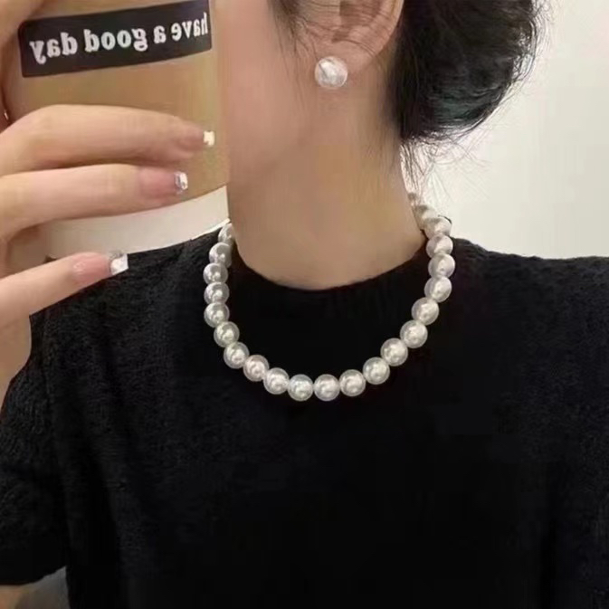 链子925银仿珍珠 14mm白色时尚气质款圆珠项链 