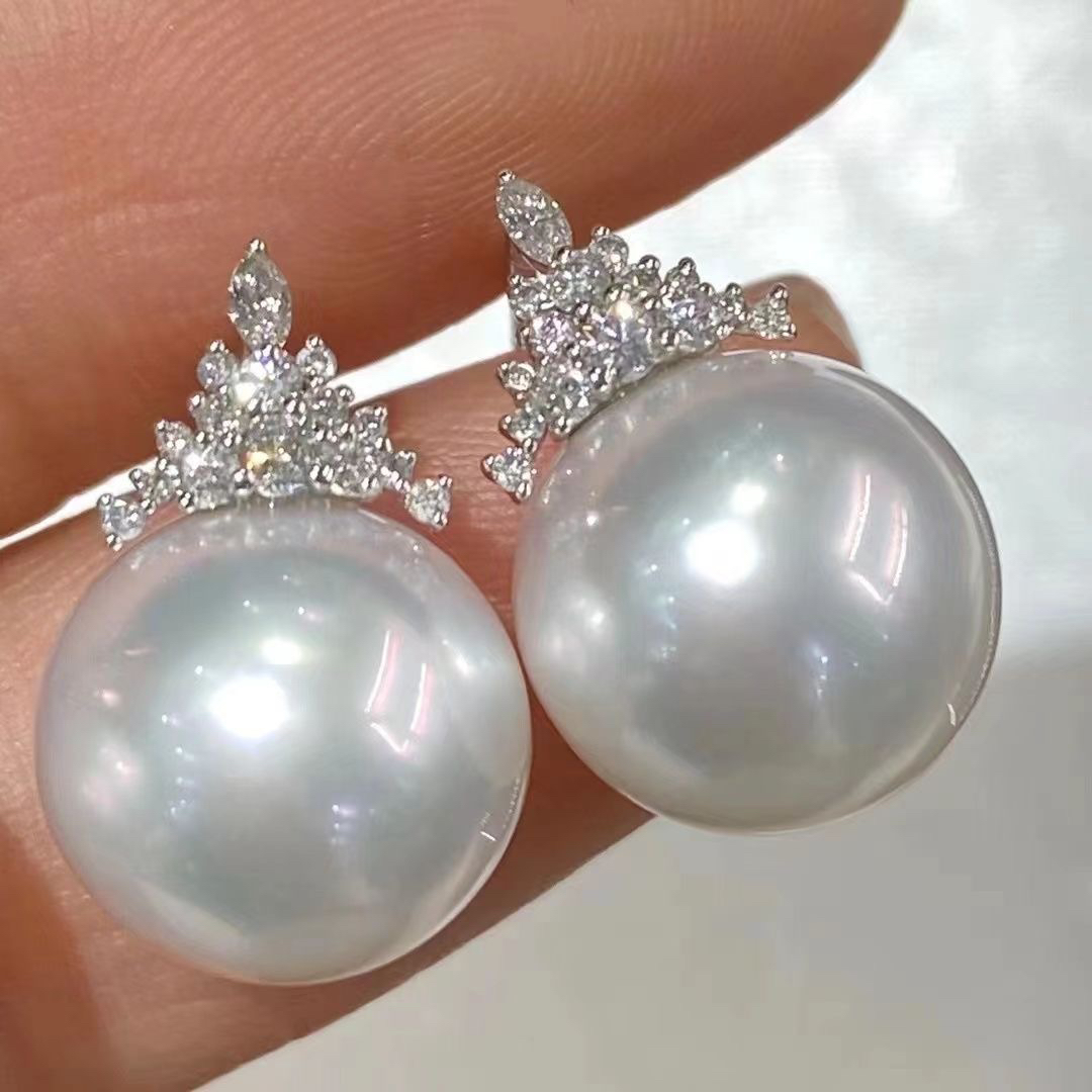 925银仿珍珠耳饰 12mm白色冰雪款圆珠耳钉强光经典