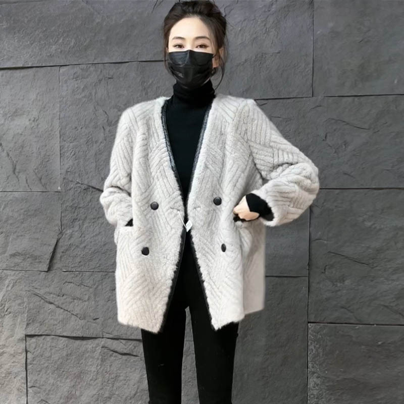 灰色小香风毛毛外套洋派名媛小个子皮毛一体女装冬装2023新款欧货