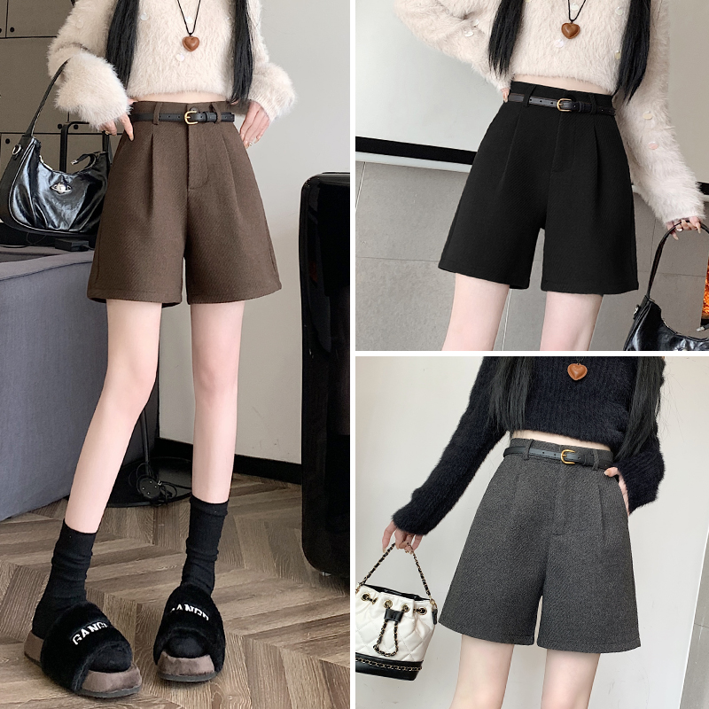 五分毛呢短裤女2023新款秋冬季款外穿高腰直筒五分裤灰色a字阔腿