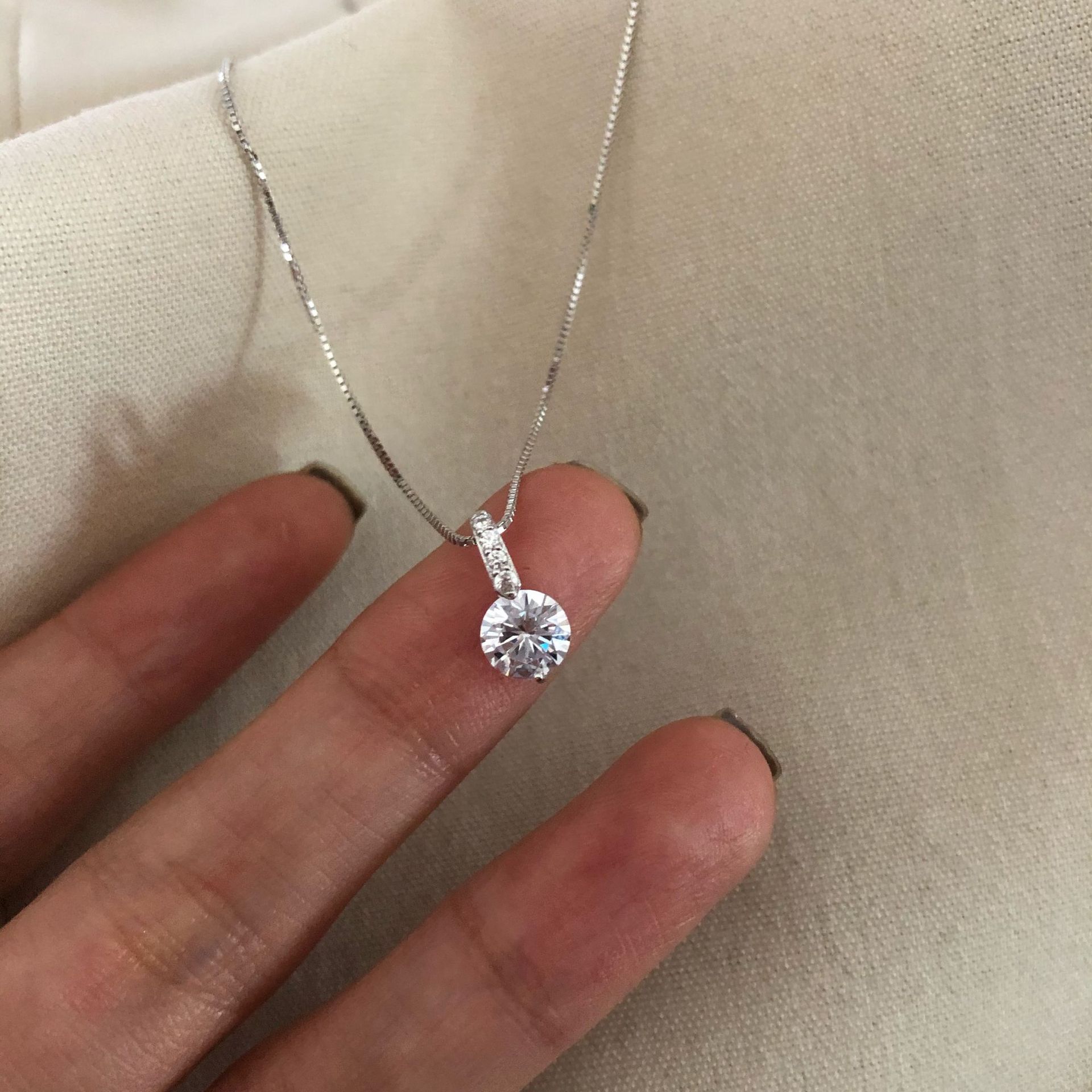 坠链均925银合成锆石 新款项链女精致简约mini钻细闪盒子链锁骨链