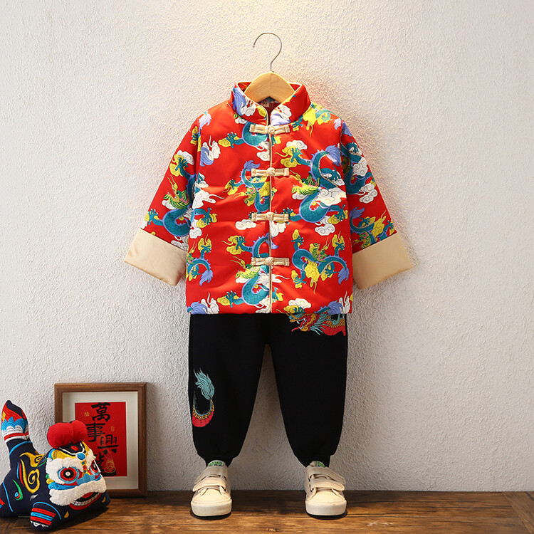 宝宝唐装男童冬装加绒套装儿童装新年衣服婴幼儿周岁礼服两件套潮
