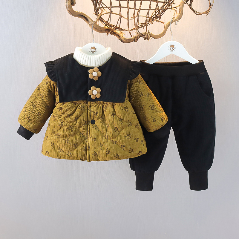 2023冬季女宝宝冬装加绒加厚儿童棉服套装女童保暖棉袄棉裤两件套