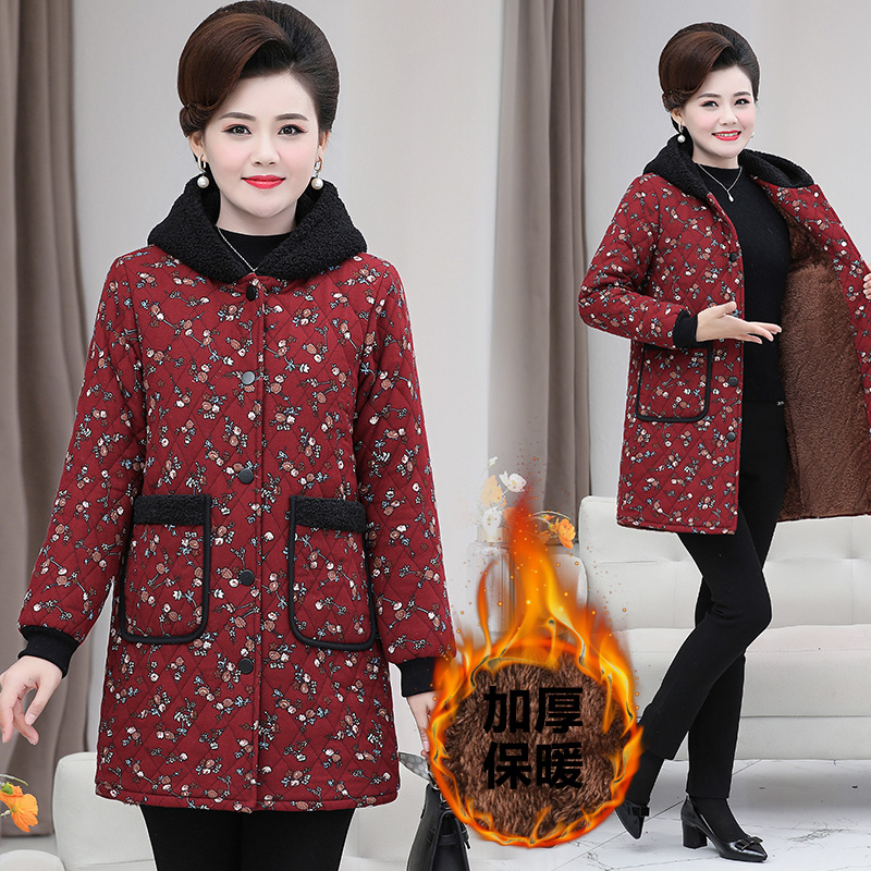 加绒老年中老年加厚棉衣中长款外套长款连帽大码秋冬妈妈装棉衣