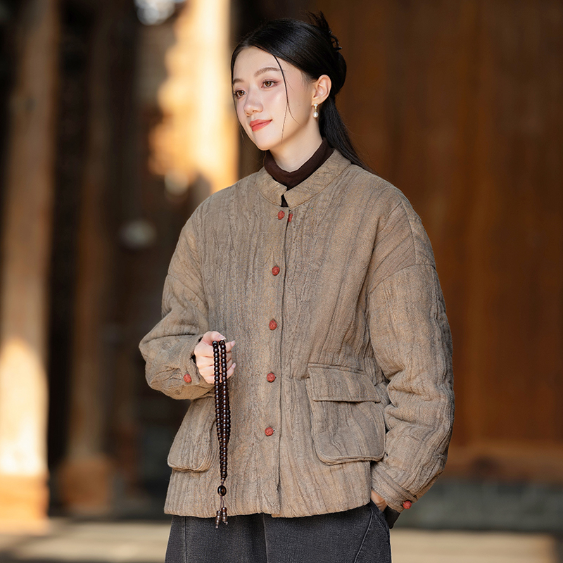 25冬新复古苎麻棉扎染做旧夹棉加厚保暖上衣女式短款文艺立领棉衣