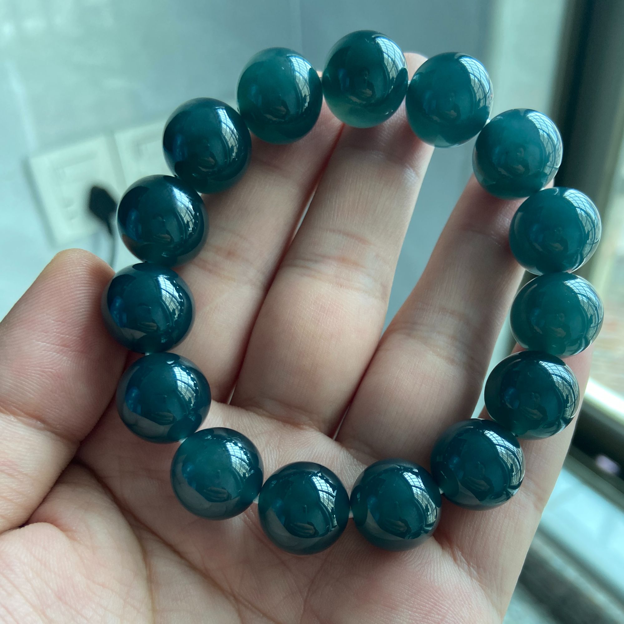 卡15翡翠手串15颗天然A货孔雀蓝糯化种无纹无裂微棉-1