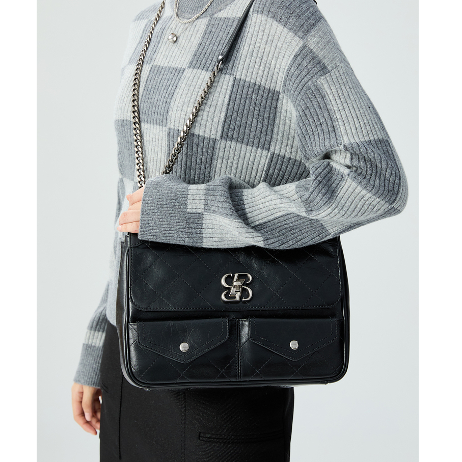 新款牛皮小香通勤双口袋拉链单肩斜挎包