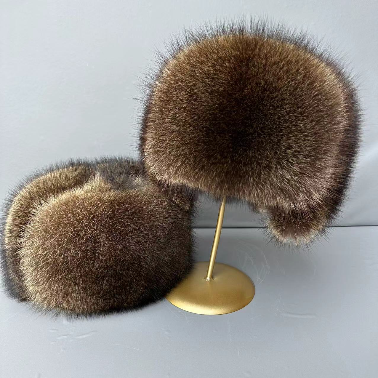 凯豪硕齐美洲貉新款浣熊皮毛一体雷锋帽帽子秋冬冬季毛绒保暖帽