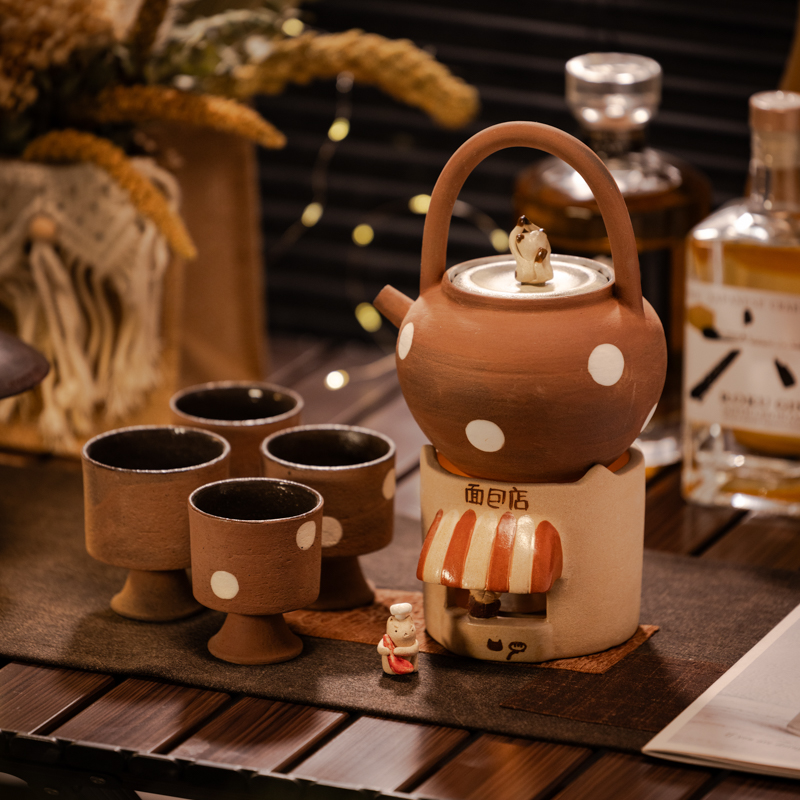 波点紫砂泥烤奶明火壶煮温茶茶炉提梁壶围炉煮茶旅行一壶四杯创意