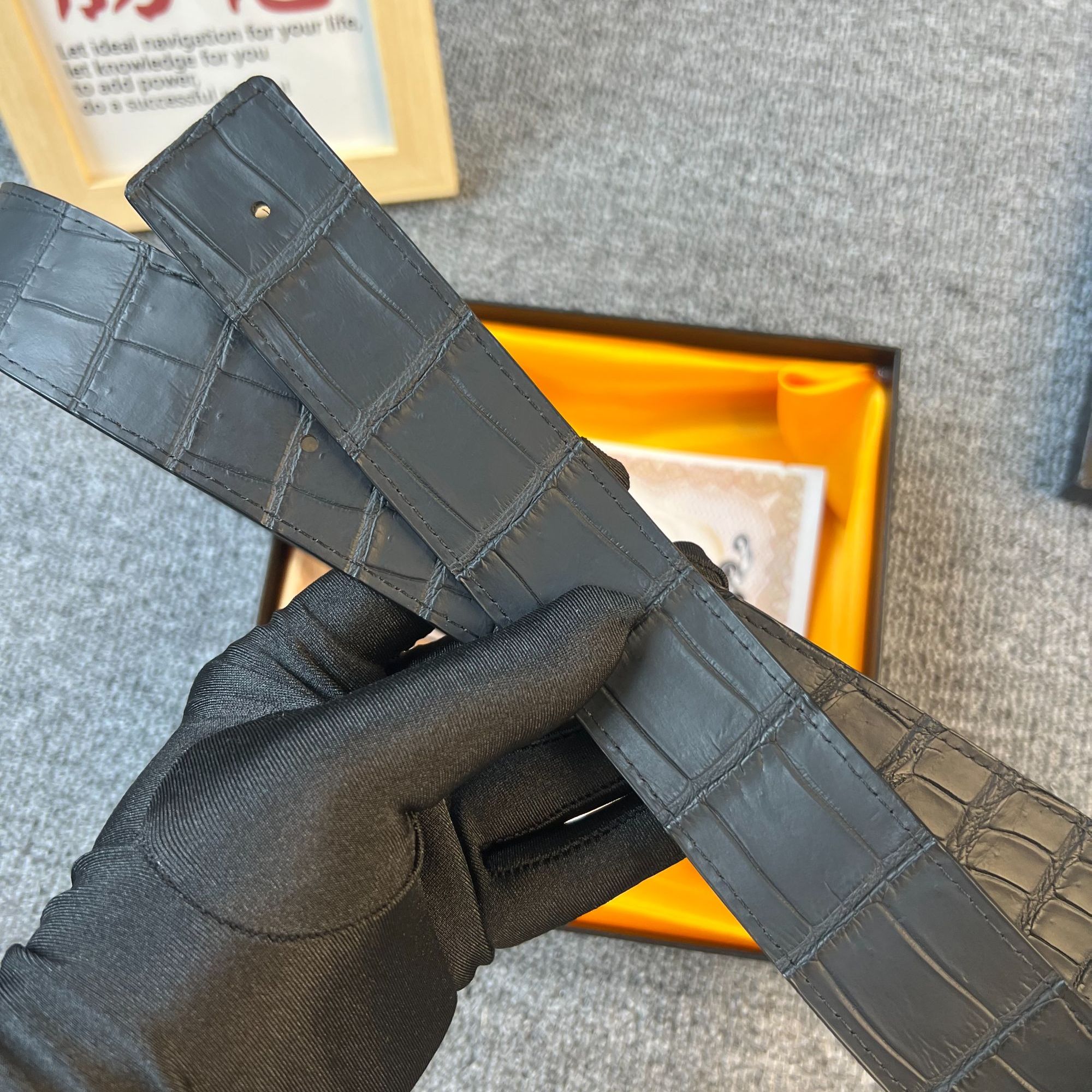 （单带条无头打孔）3.8宽度鳄鱼+鸵鸟双面佩戴男士头层牛皮礼盒装