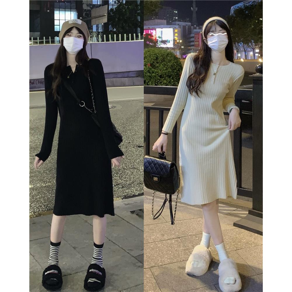 气质配大衣的毛衣裙女秋冬中长款过膝针织连修身内搭长袖打底裙子