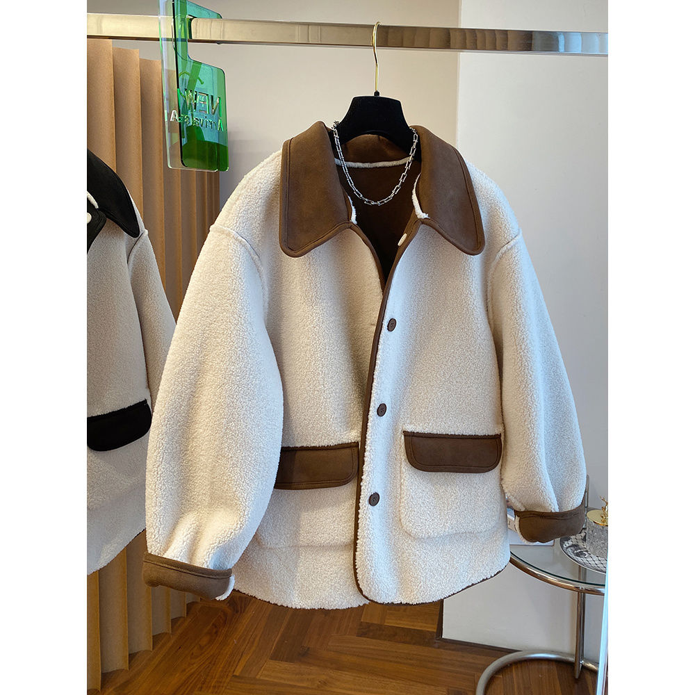 超大码300斤胖m韩系流行高级小众宽松翻领两面穿毛外套女秋冬