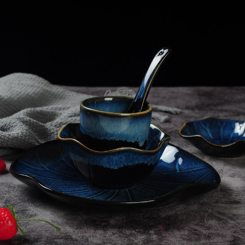 一人食餐具荷叶盘碗米饭碗家用粗陶窑变釉下彩餐具盘碗碟杯子勺子