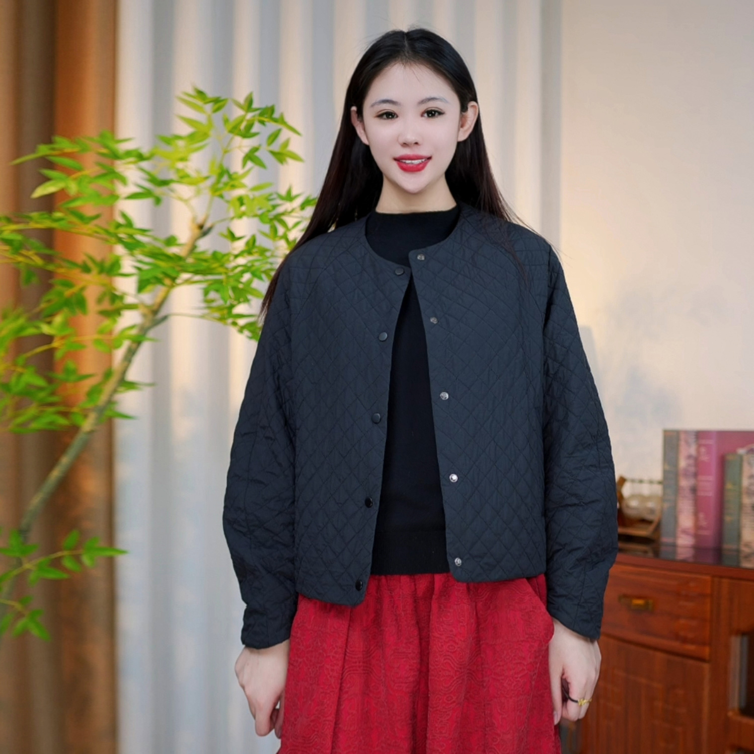 兰那 2025年秋冬新款桑蚕丝棉衣棉服圆领保暖厚外套女