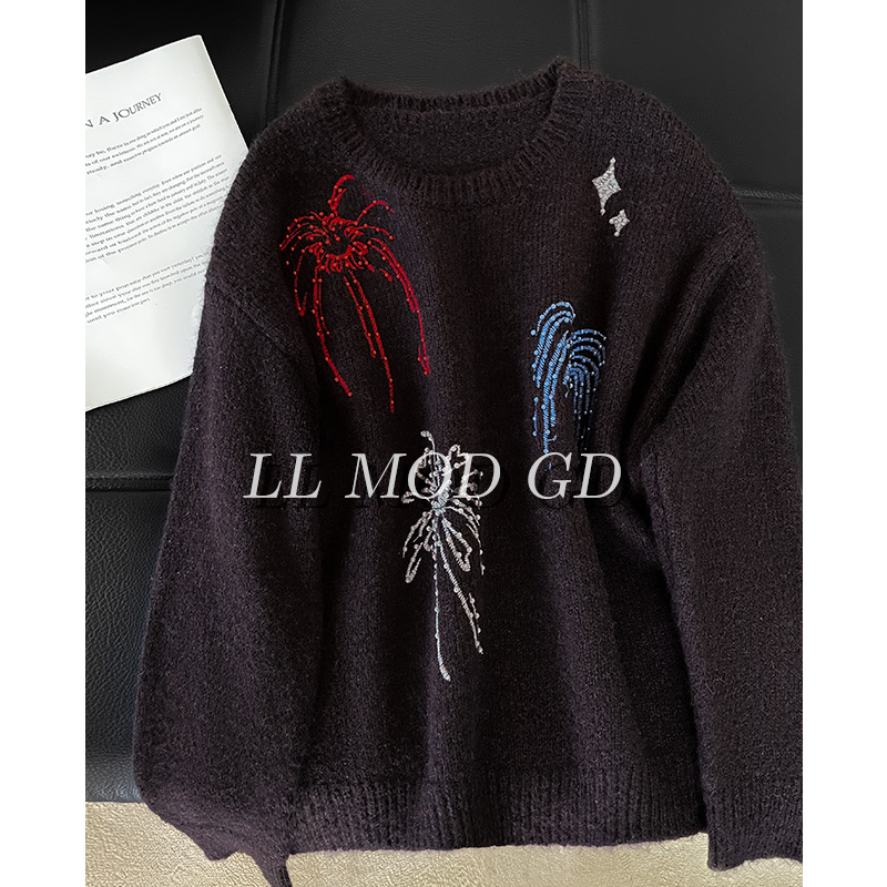 东京日落  加厚长袖毛衣女秋冬黑色风套头印花宽松上衣CY-254176