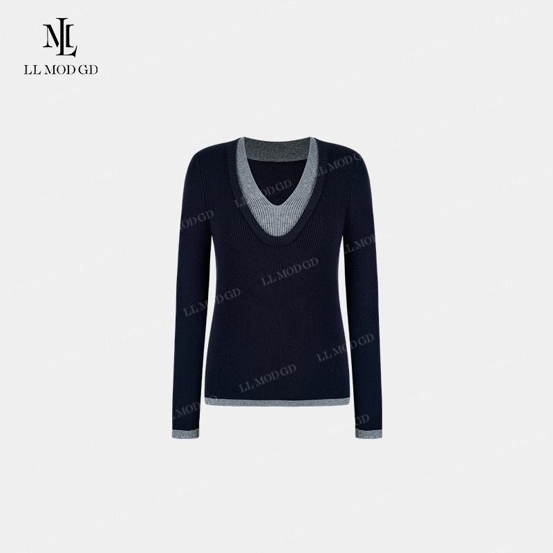 亨利上衣  假两件时尚针织衫女秋冬百搭拼接显瘦V领上衣CY-254165