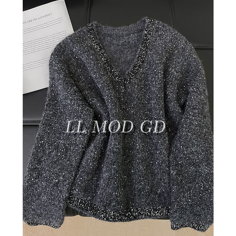 璀璨人生 长袖宽松毛衣女秋冬保暖百搭V领厚款针织上衣YL-255064