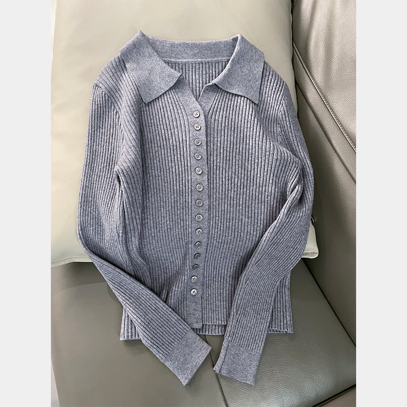 柔珠小姐 时尚休闲翻领纽扣长袖洋气针织开衫上衣MY-253915