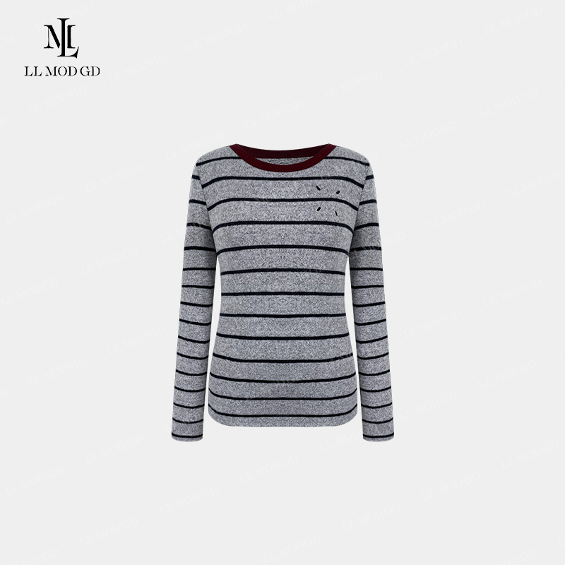 折个纸飞机 长袖圆领针织衫女秋冬修身显瘦条纹百搭上衣LL-254747