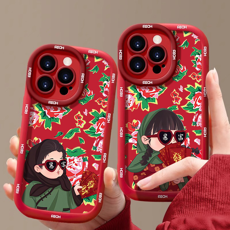 新年东北大花布苹果14promax手机壳iphone15全包13硅胶12软11泡芙