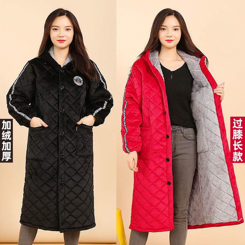 冬季成人加厚加绒夹棉保暖罩衣加长过膝工作服男女围裙水晶绒罩褂