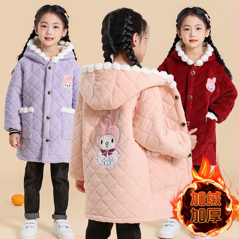 2024新款冬季儿童保暖棉衣三层加绒加厚罩衣女童洋气外套家居服