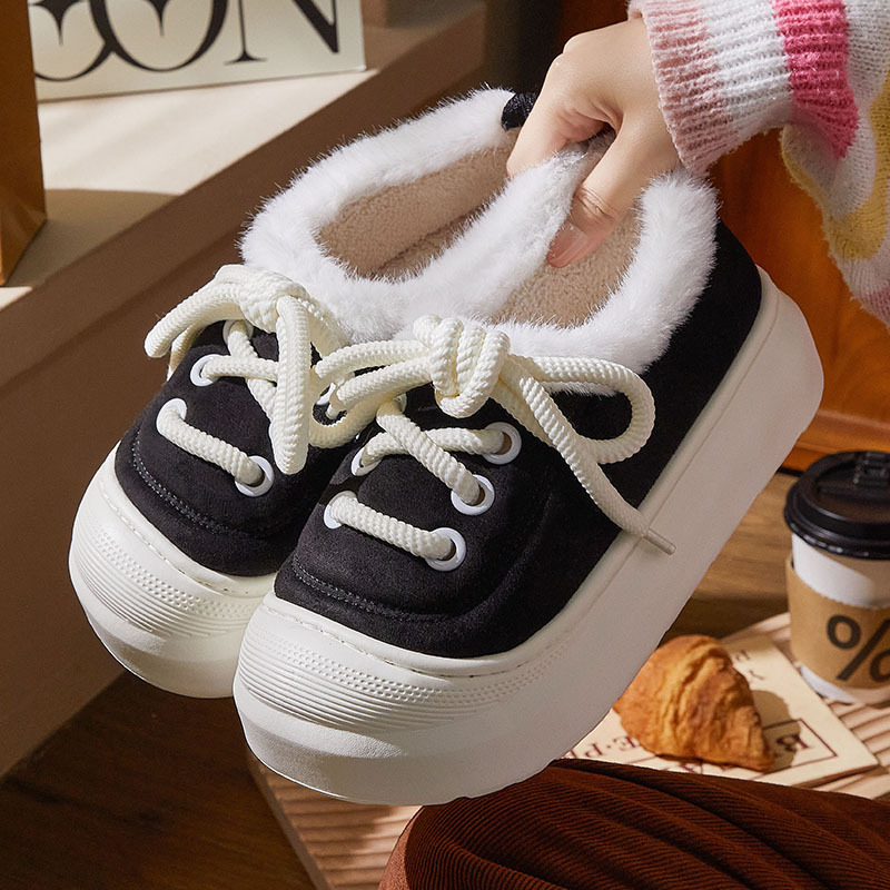 9594冬季新品室内外穿丑萌绑带简约女款棉鞋全包保暖毛绒厚底
