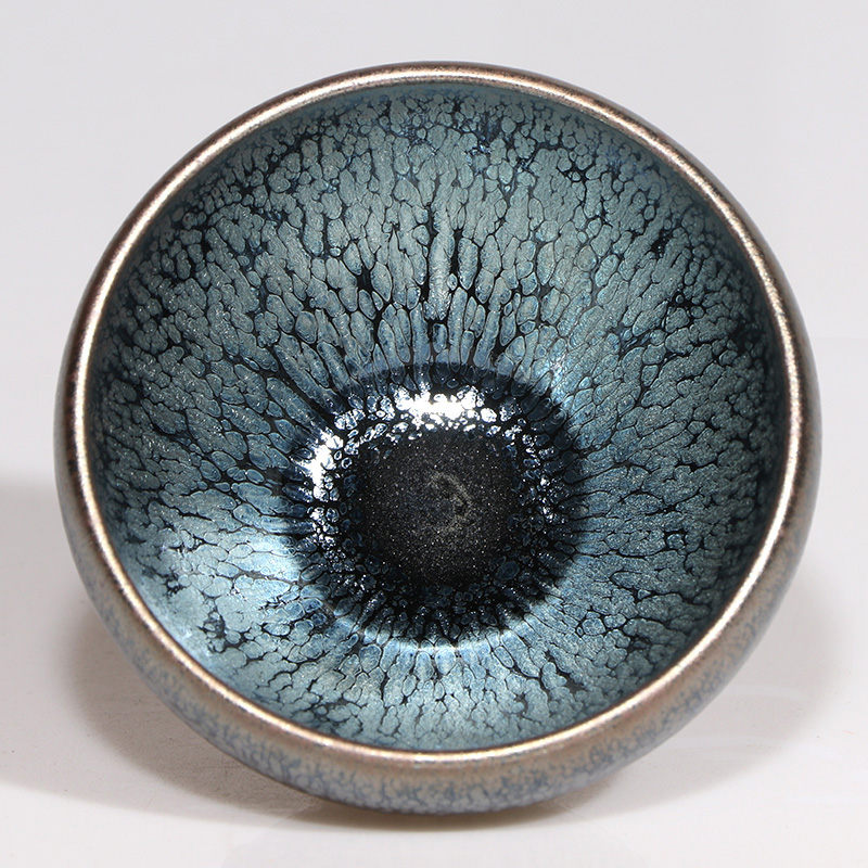 建阳建盏茶杯手工蓝油滴盏(8釉泪)9口径正宗原釉铁胎窑变主人杯盏