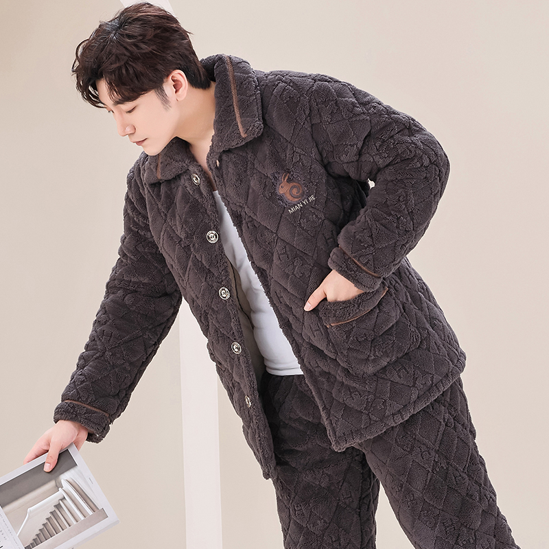 睡衣男士冬季珊瑚绒加厚加绒秋冬天款法兰绒大码家居服套装可外穿