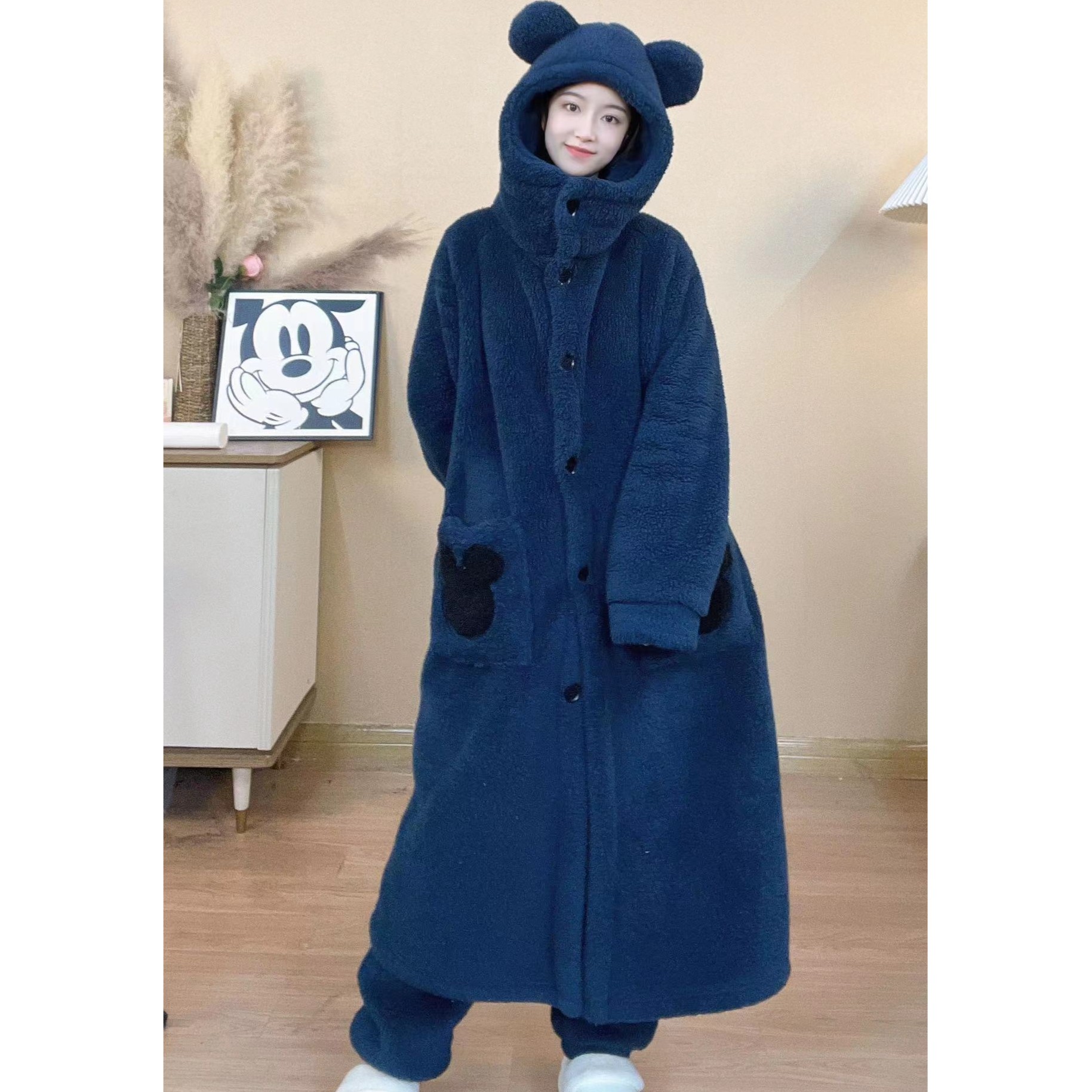 秋冬睡衣大码连帽宽松中长款加厚浴袍保暖睡袍加绒长款家居服套装