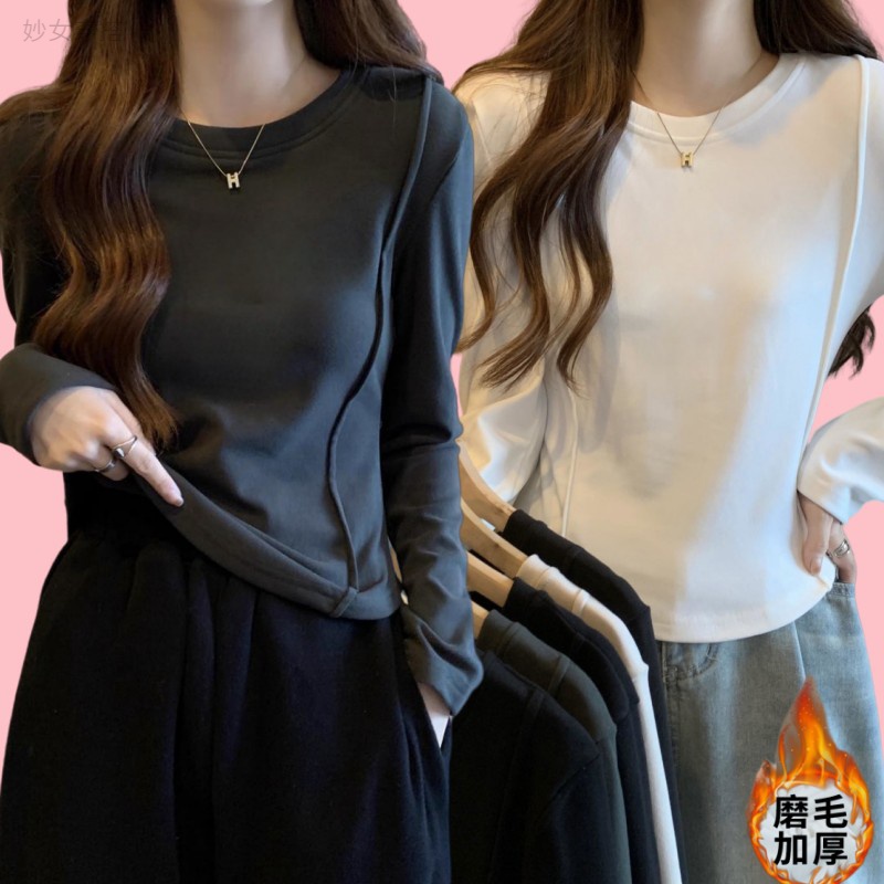 圆弧形短款T恤女长袖秋冬装内搭加厚磨毛纯色德绒打底衫上衣fgy瞬