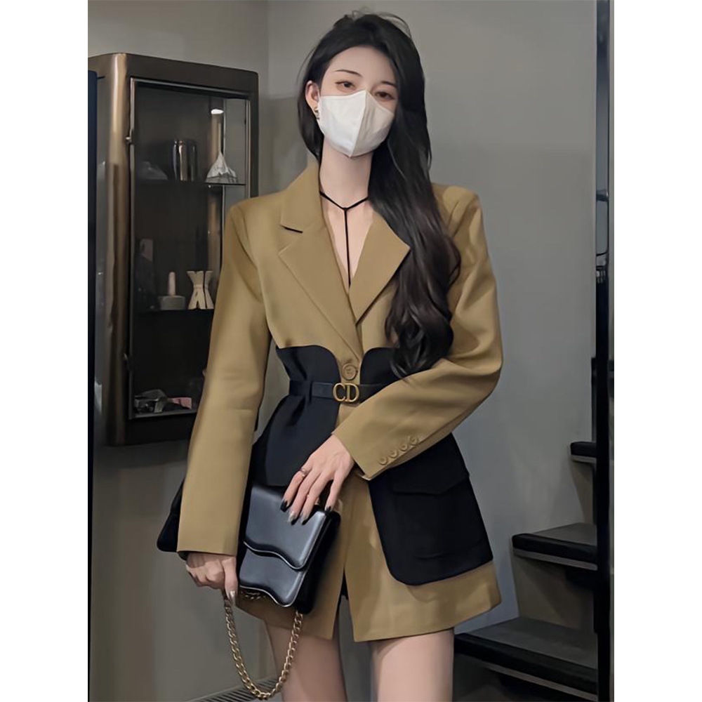 大码女韩版复古时尚气质中长款撞色拼接西装外套洋气工装拼色西服