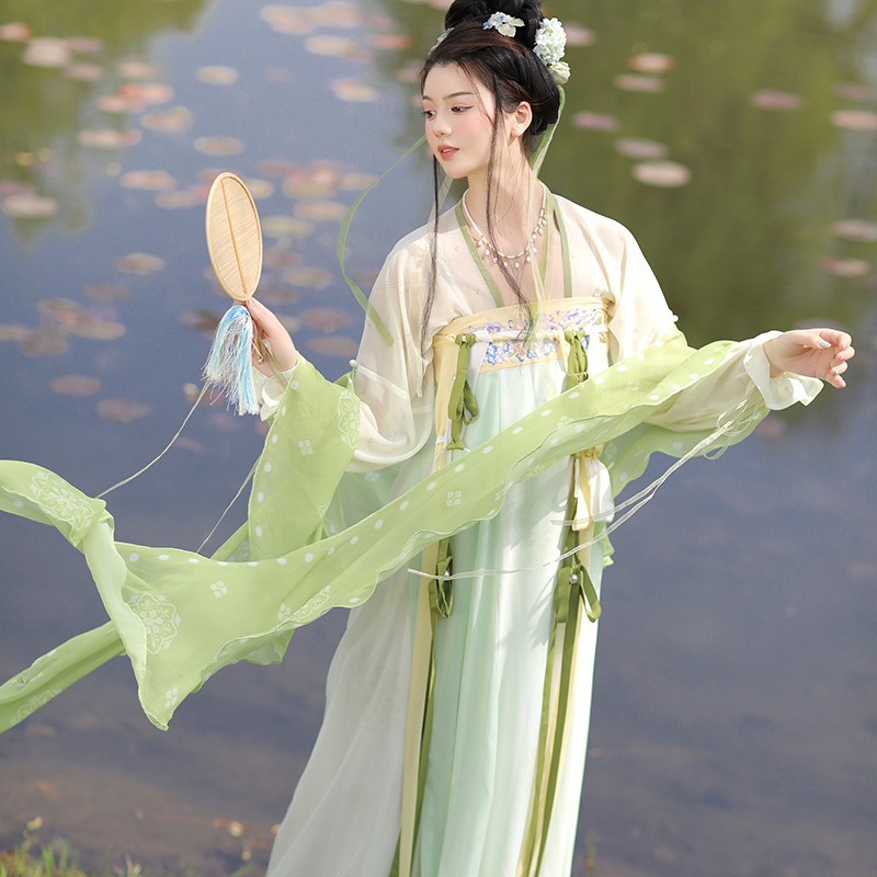 春晴曲 花朝记汉服原创 唐制刺绣对襟印花齐胸异形披帛绶带春夏女