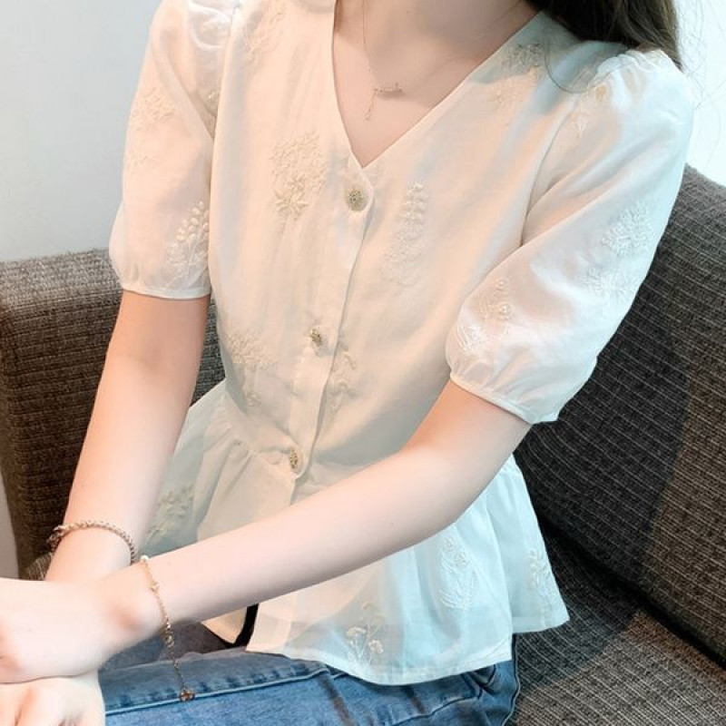 2025新款夏季法式v领短袖雪纺衬衫女装夏装收腰遮肚子洋气上衣女