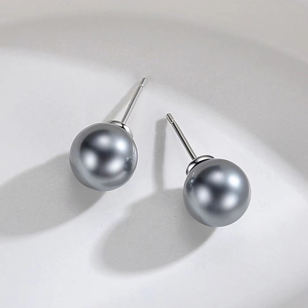925银仿珍珠耳饰 黑贝珠耳钉神秘优雅气质简单经典素款星空强光