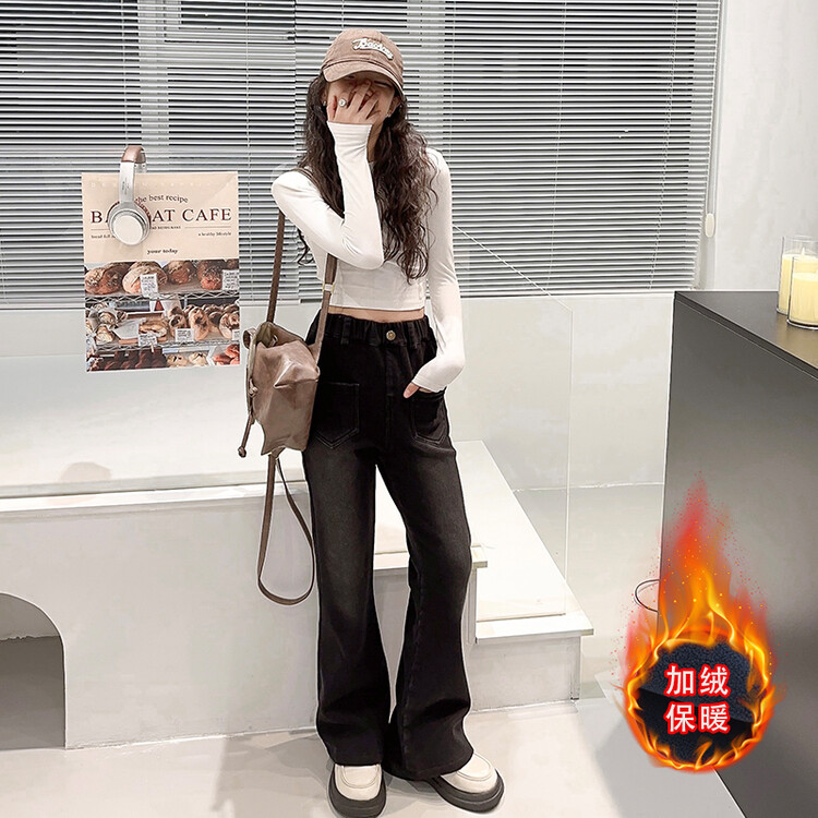 女童裤子休闲微喇牛仔裤2023新款儿童秋冬装加绒弹力复古长裤大童