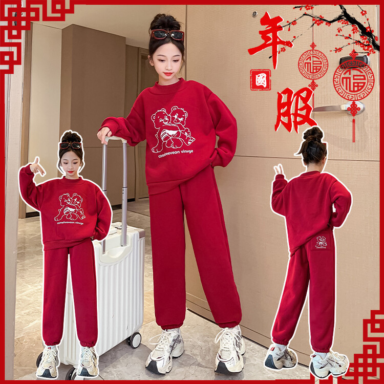 女童加绒卫衣套装2023新款网红炸街秋冬季中大儿童加厚运动两件套