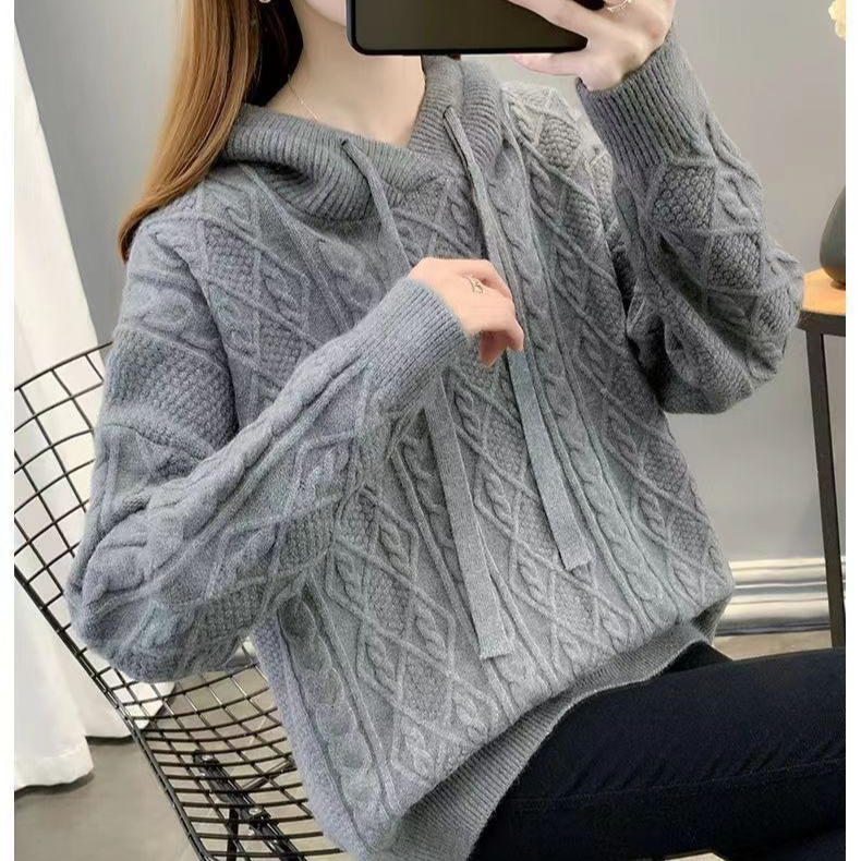 连帽卫衣毛衣女2023新款春秋宽松纯色大妈加厚显瘦针织衫外套上衣