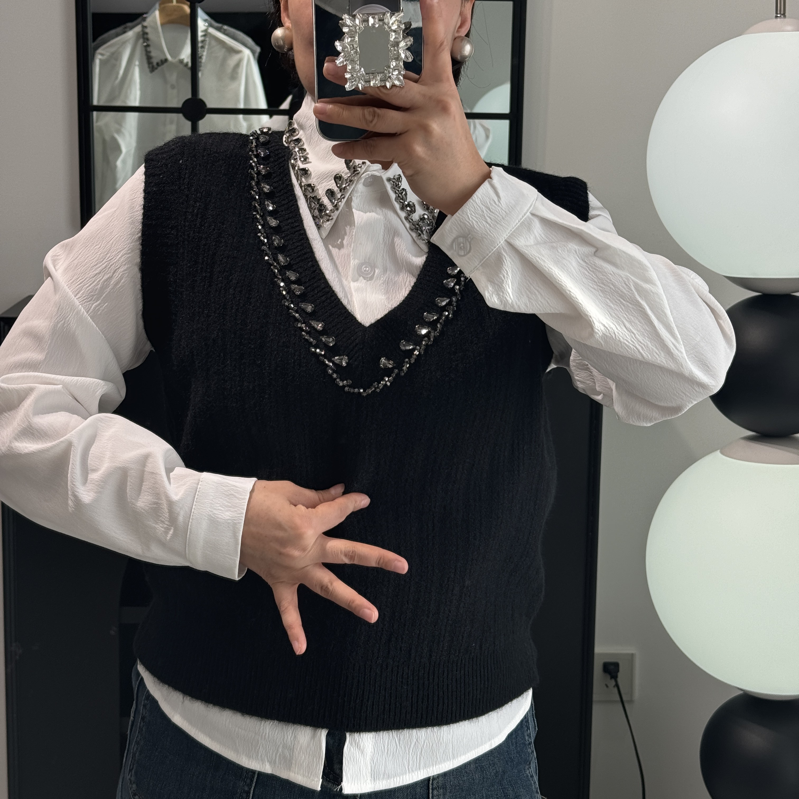 秋冬新款时尚重工顶珠针织马甲+长袖衬衫两件套穿塔女百搭+2顶珠